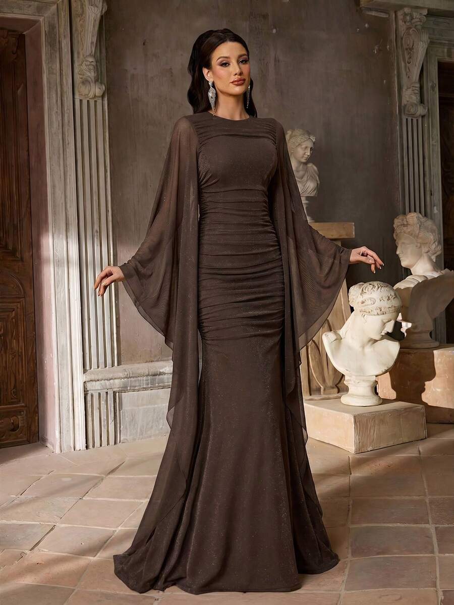 SDE3254 Knitted Satin Cape Sleeve Bodycon Mermaid Dress