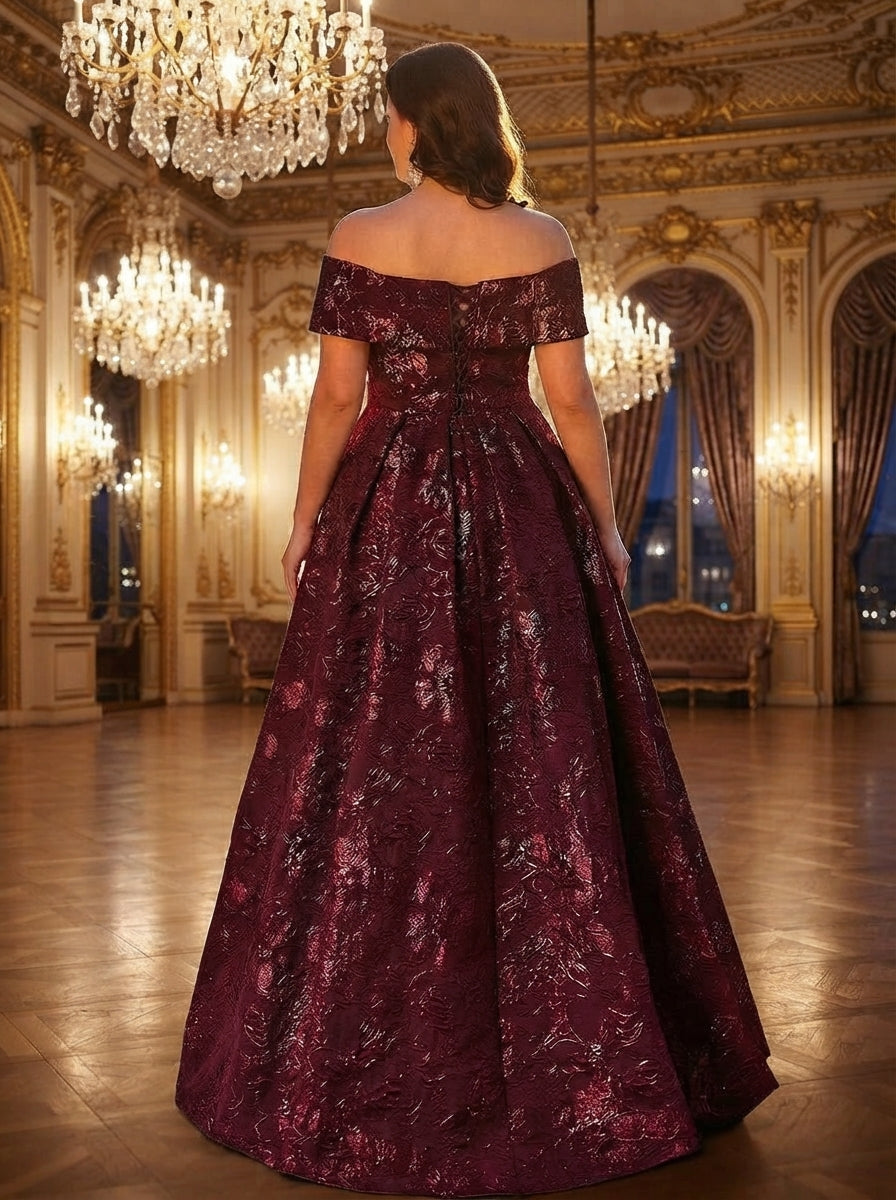 SDE3256 Plus Size Burgundy Jacquard Off-Shoulder Ball Gown