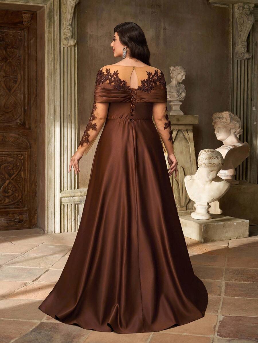 SDE3252 Plus Size Burgundy Lace Applique Off-Shoulder Satin Dress