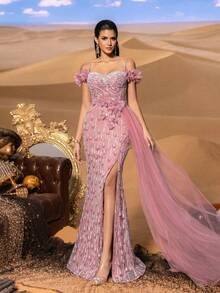 SD3220 Off-Shoulder Pearl & Beaded Slit Gown - UK16(XL), Dusty Pink image
