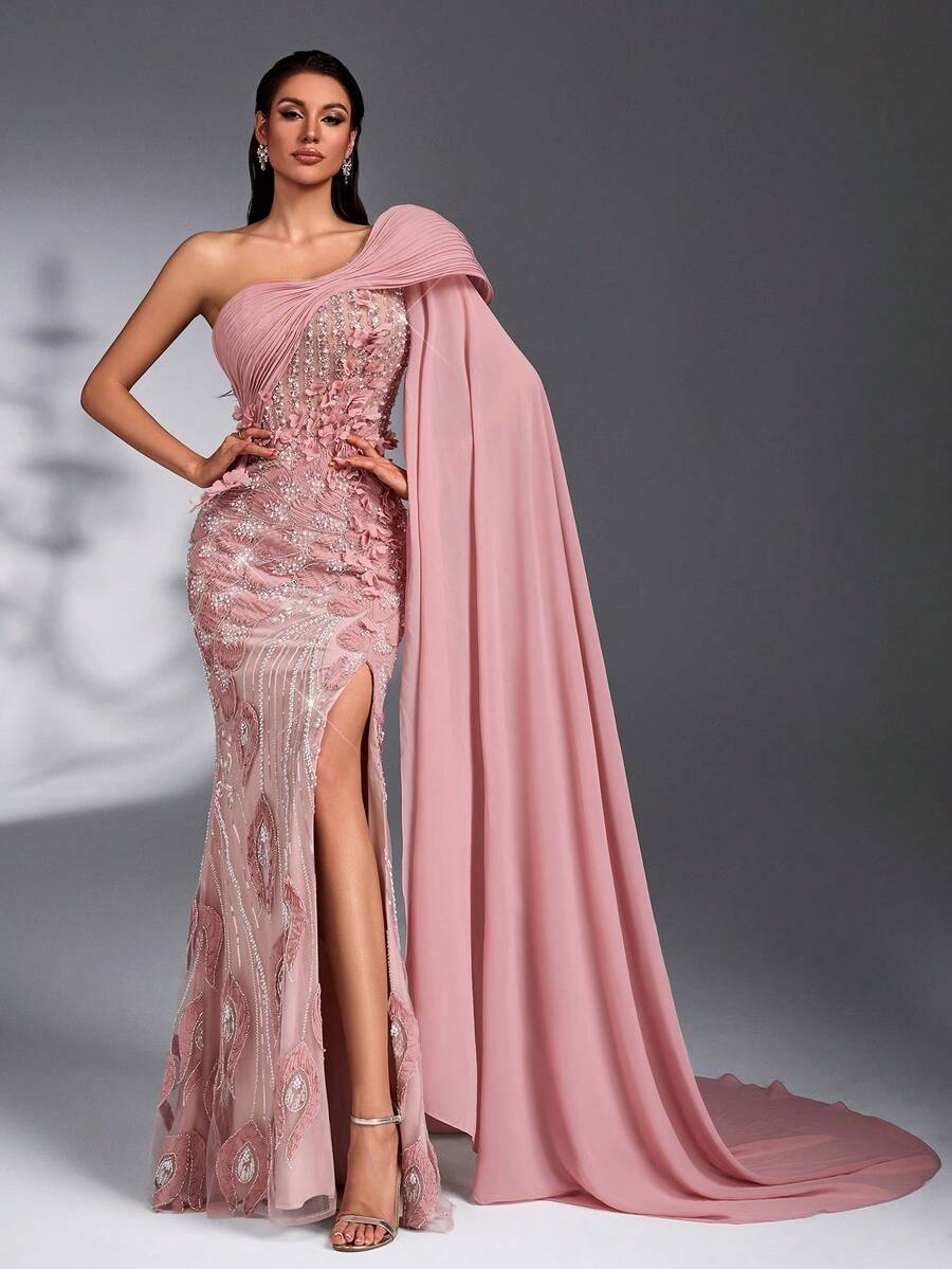 SD3272 Lotus Pink 3D Floral Cape Sleeve Gown