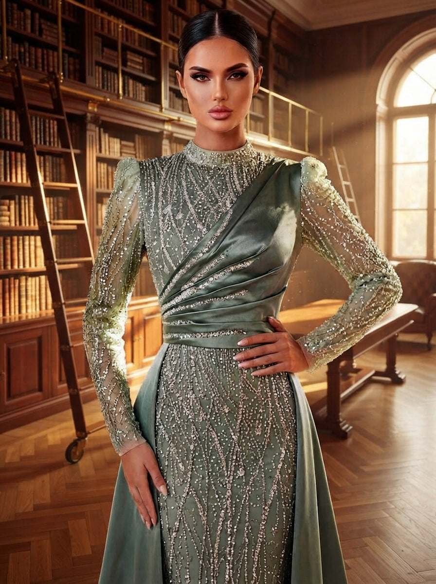 SDE3271 Luxury Beaded Embroidered Sequin Satin Fishtail Gown