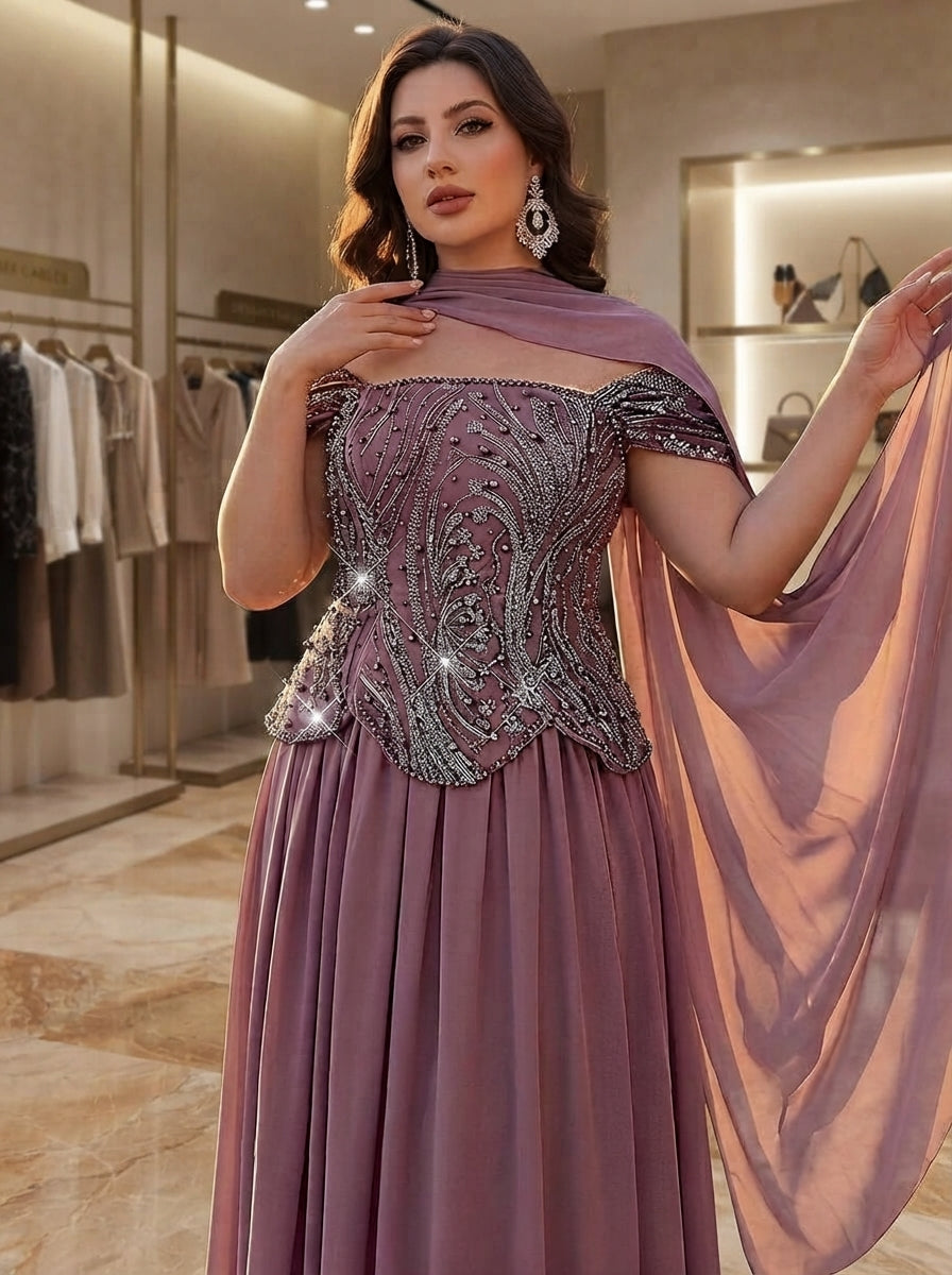 SDE3283 Plus Size Purple Pearl Sequin Floral Gown
