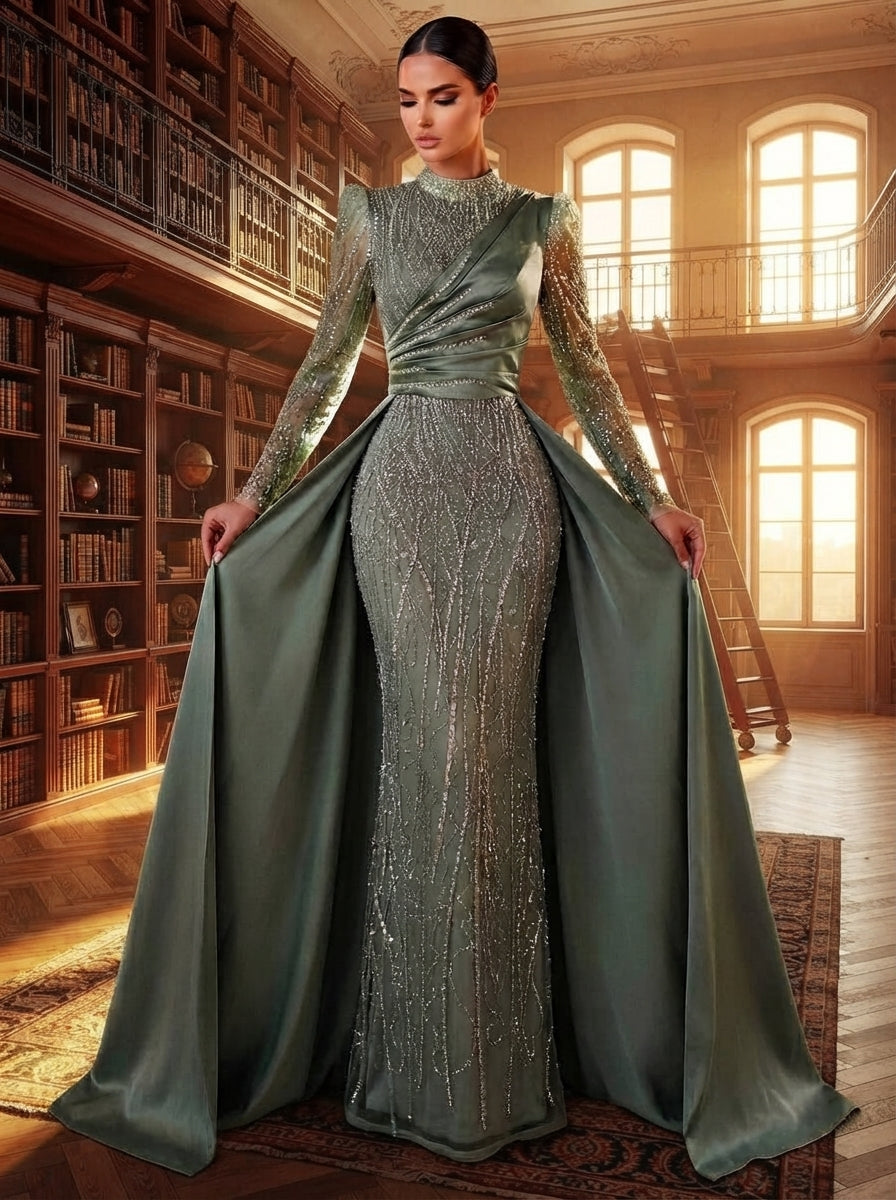 SDE3271 Luxury Beaded Embroidered Sequin Satin Fishtail Gown