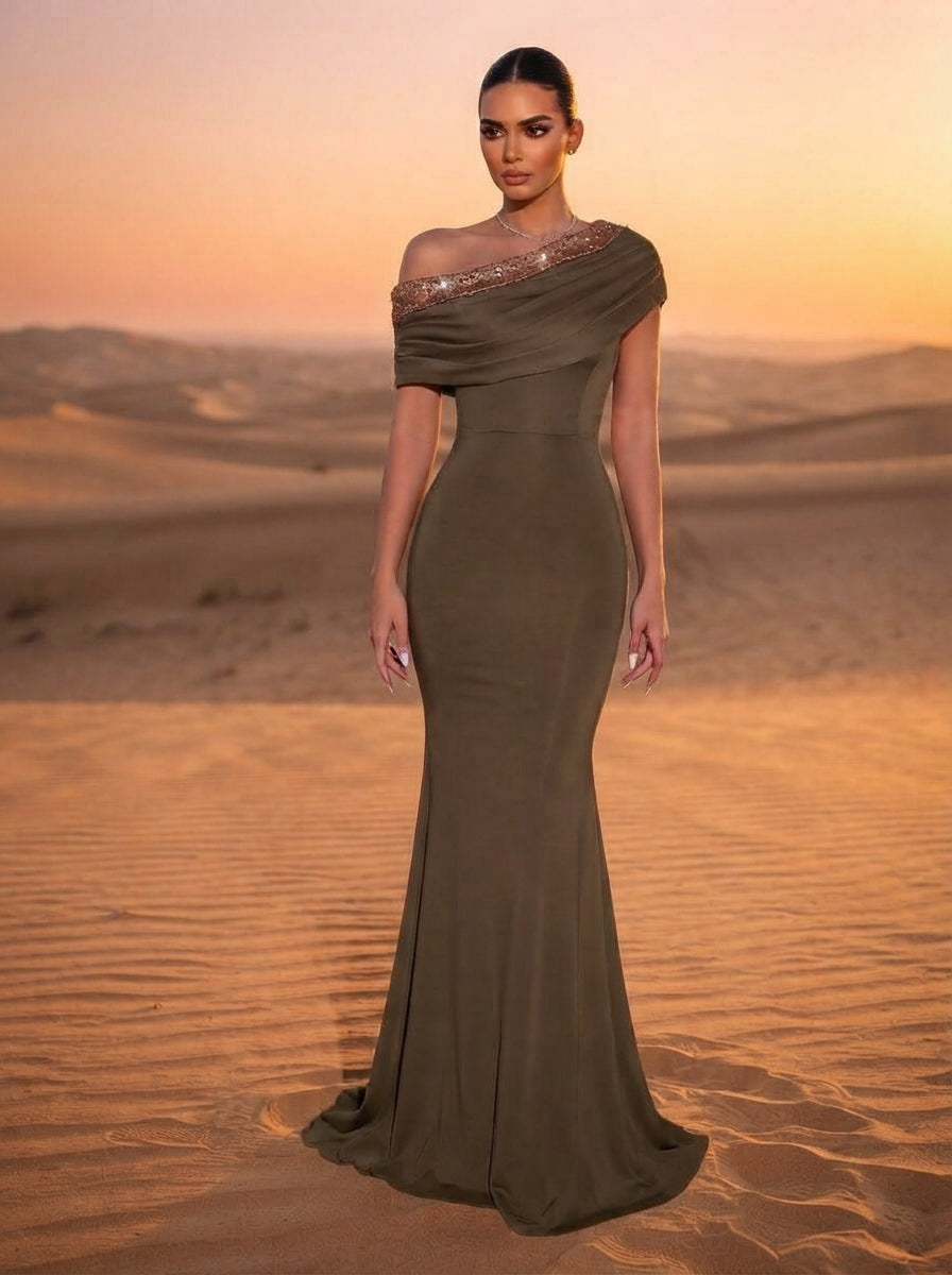 SDE3263 Black Sequined Embroidery One-Shoulder Fishtail Gown