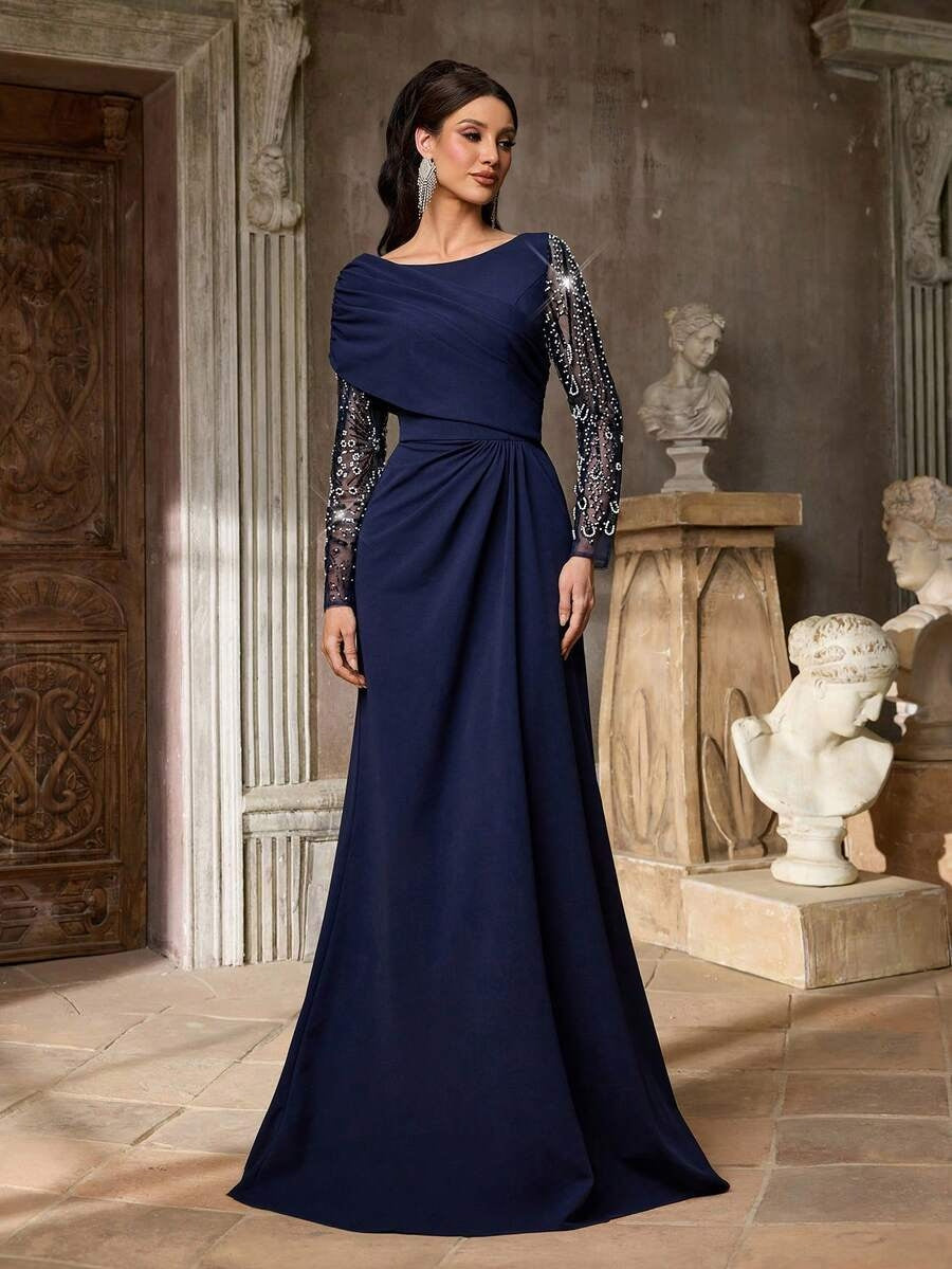 SDE3259 Luxury Beaded Sequin Mesh Ruched Mermaid Skirt