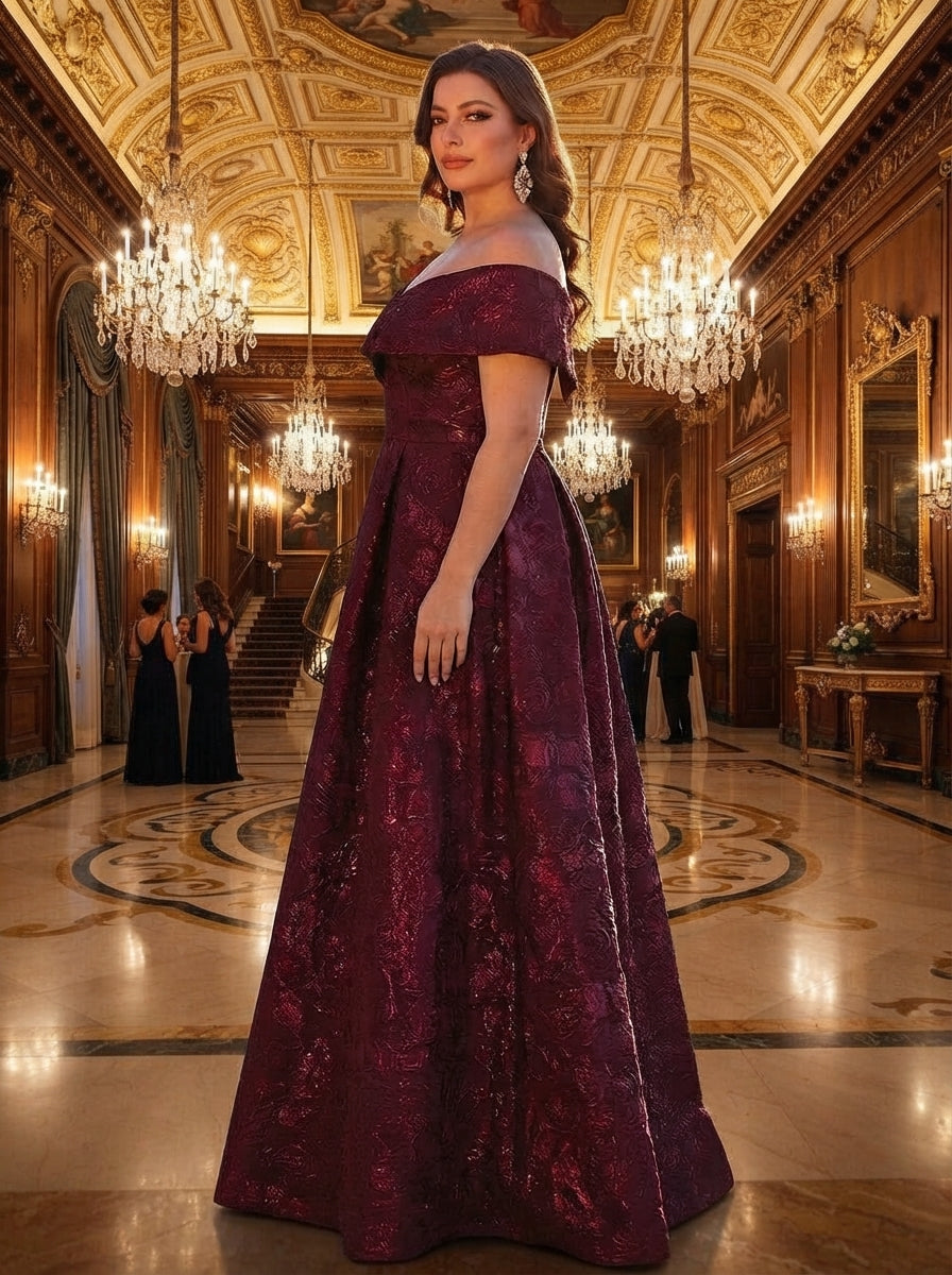SDE3256 Plus Size Burgundy Jacquard Off-Shoulder Ball Gown – Stunning Dresses