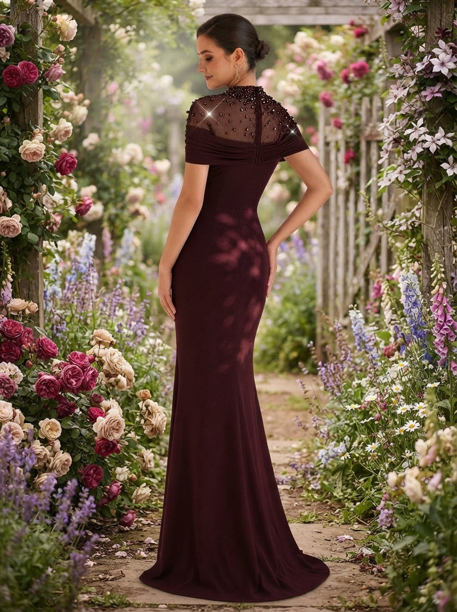 SDE3269 Luxury Diamond Sheer Splice Ruched Fishtail Gown