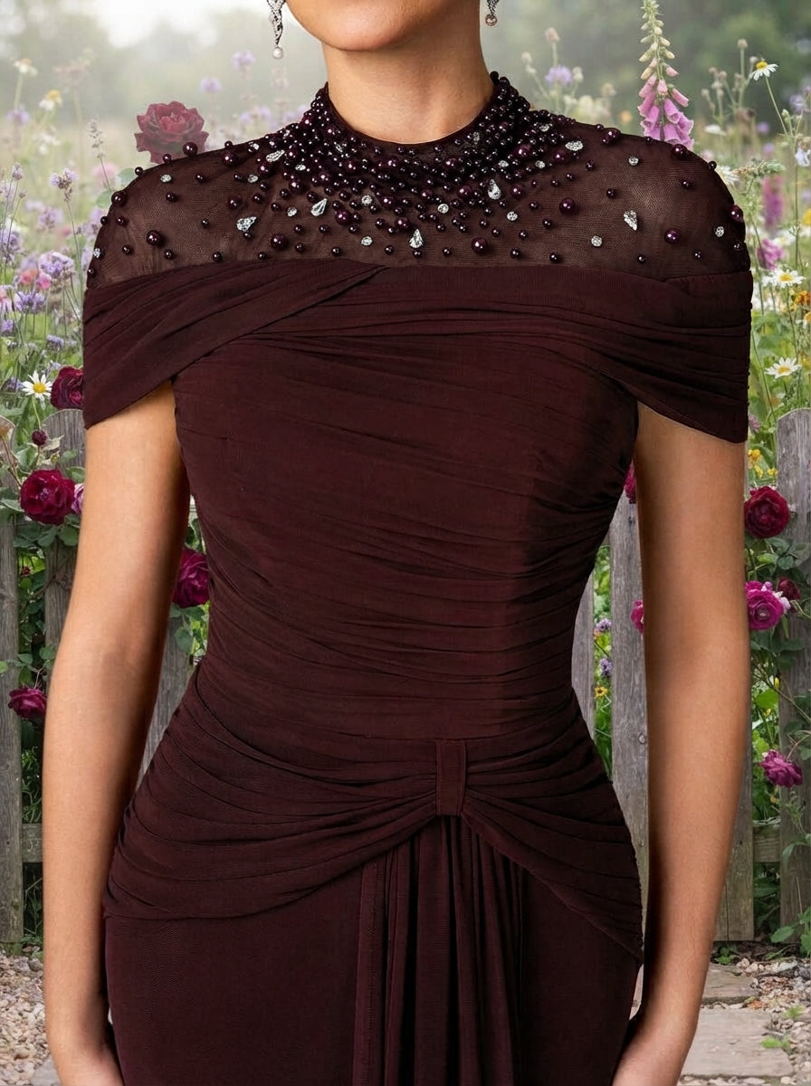 SDE3269 Luxury Diamond Sheer Splice Ruched Fishtail Gown