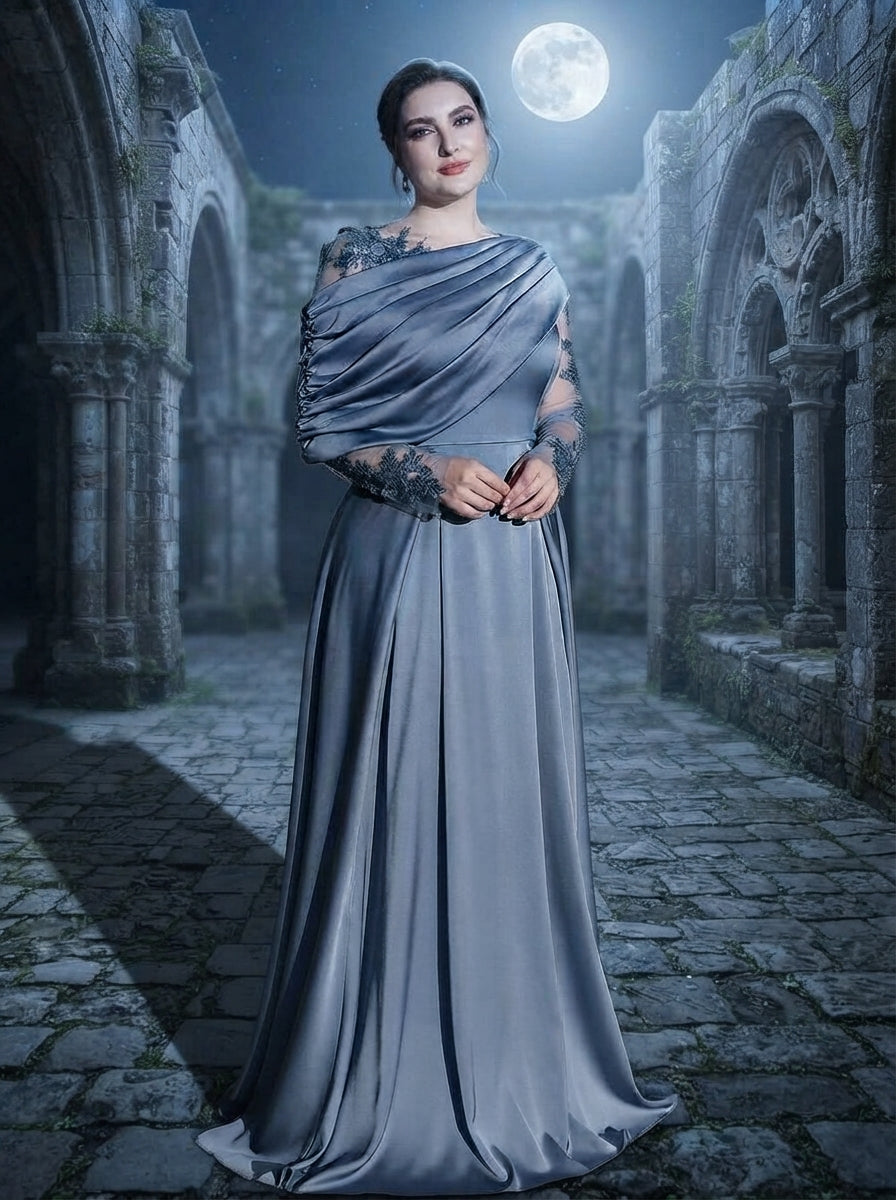 SDE3265 Plus Size Gray-Blue Satin Mesh Applique A-Line Gown