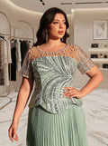 SDE3282 Plus Size Sage Green Sequin & Rhinestone Chiffon Flared Gown