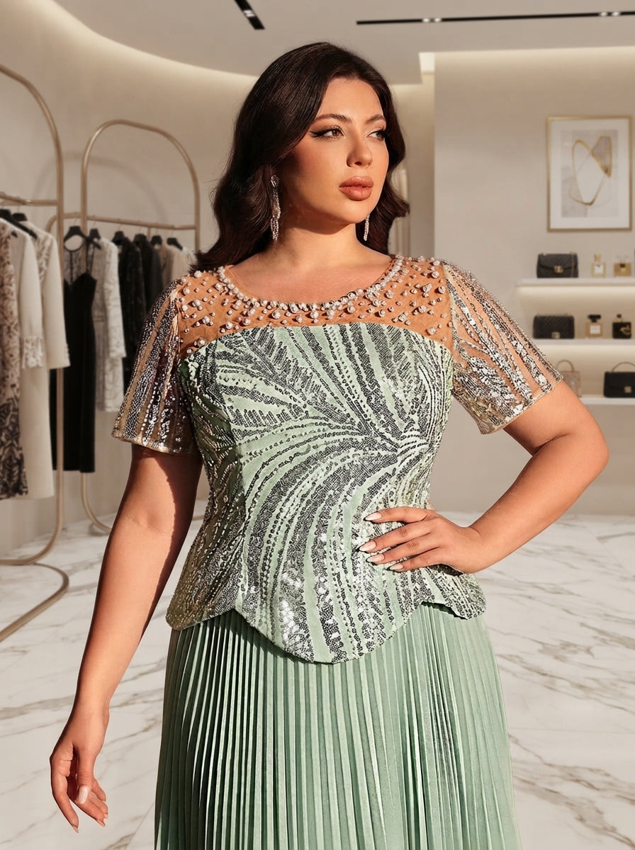 SDE3282 Plus Size Sage Green Sequin & Rhinestone Chiffon Flared Gown