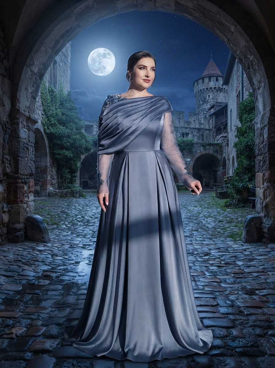 SDE3265 Plus Size Gray-Blue Satin Mesh Applique A-Line Gown