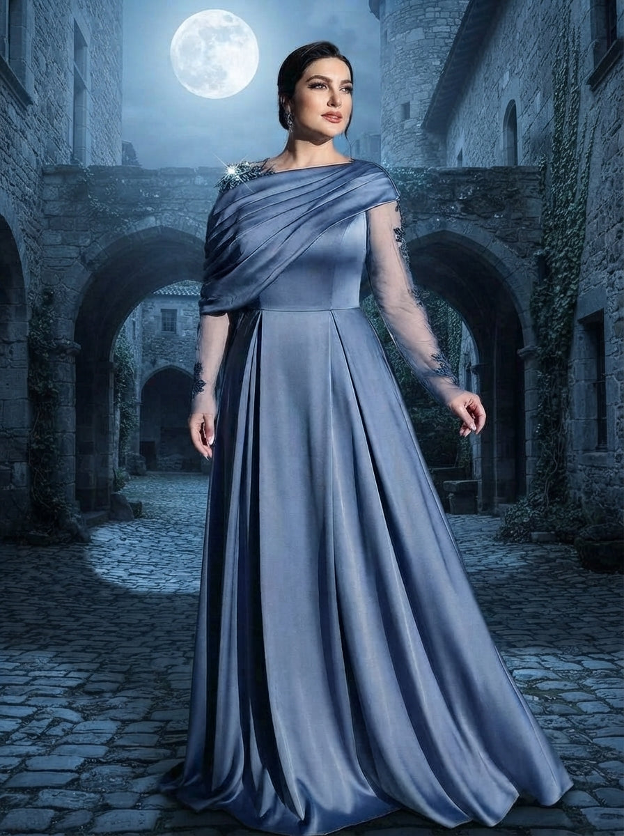 SDE3265 Plus Size Gray-Blue Satin Mesh Applique A-Line Gown
