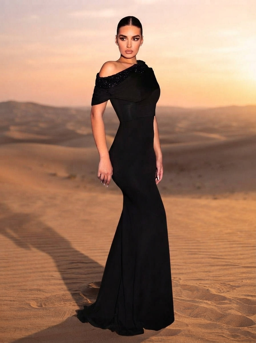 SDE3263 Black Sequined Embroidery One-Shoulder Fishtail Gown