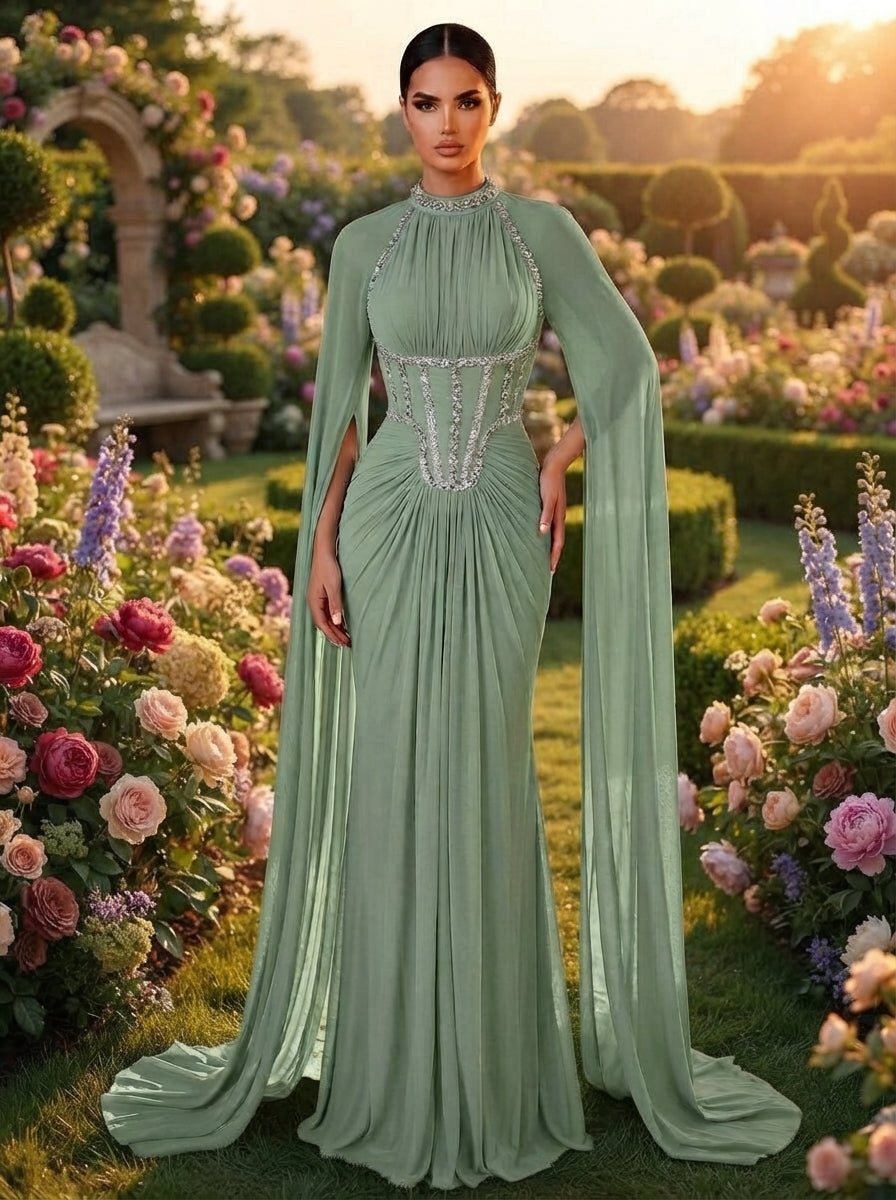SDE3257 Luxury Beaded Diamond Chain Satin Mermaid Gown