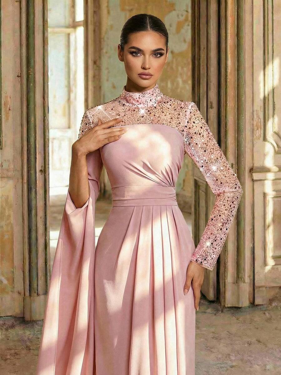 SDE3275 Pink Sequined Embroidered Chiffon Fishtail Gown