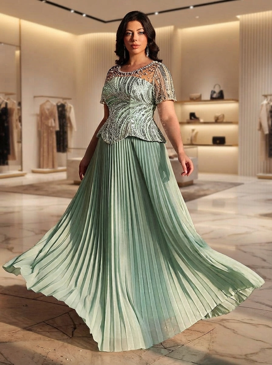 SDE3282 Plus Size Sage Green Sequin & Rhinestone Chiffon Flared Gown