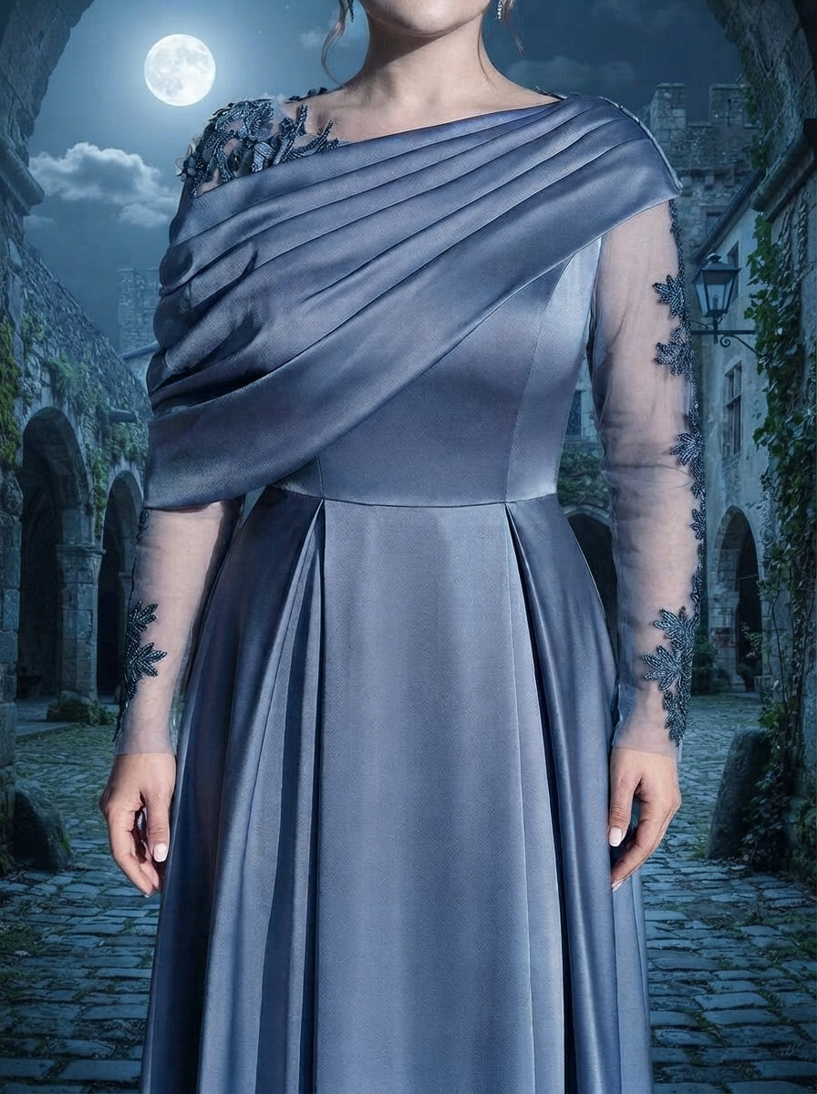 SDE3265 Plus Size Gray-Blue Satin Mesh Applique A-Line Gown