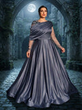 SDE3265 Plus Size Gray-Blue Satin Mesh Applique A-Line Gown