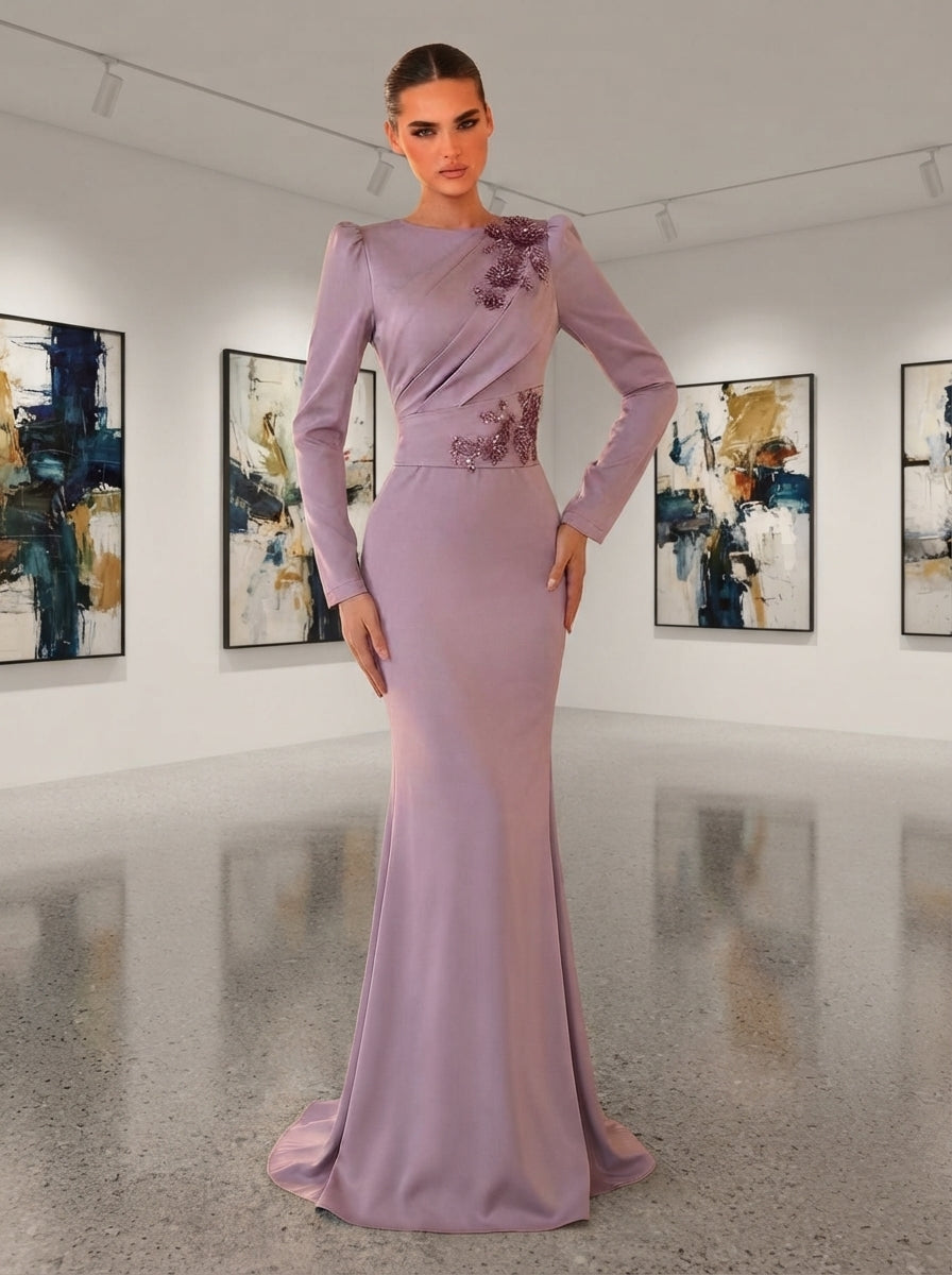 SDE3261 Gray-Purple Satin Lace Applique Mermaid Gown