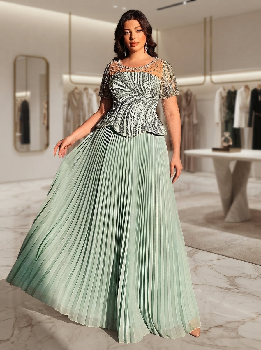SDE3282 Plus Size Sage Green Sequin & Rhinestone Chiffon Flared Gown
