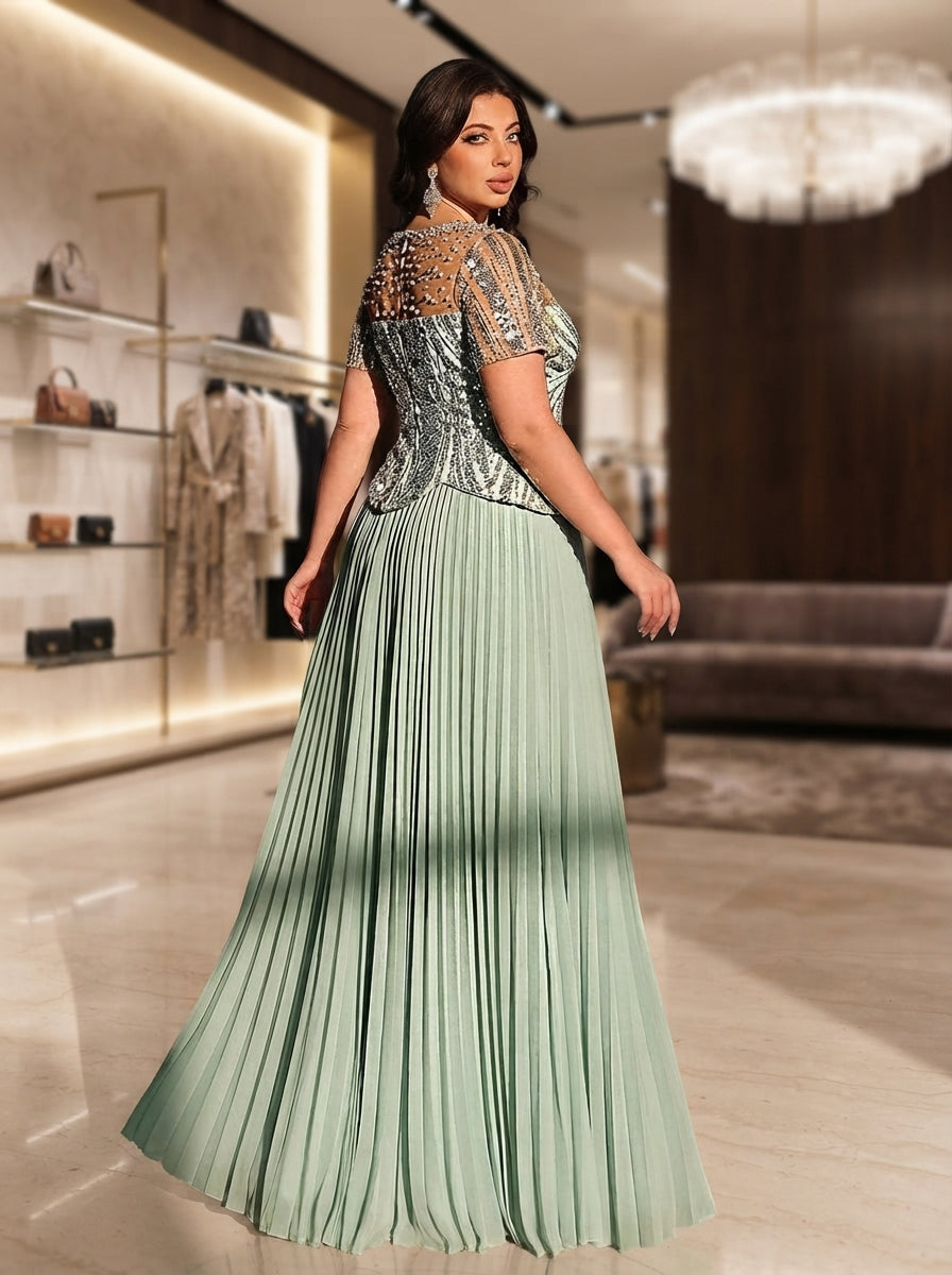 SDE3282 Plus Size Sage Green Sequin & Rhinestone Chiffon Flared Gown