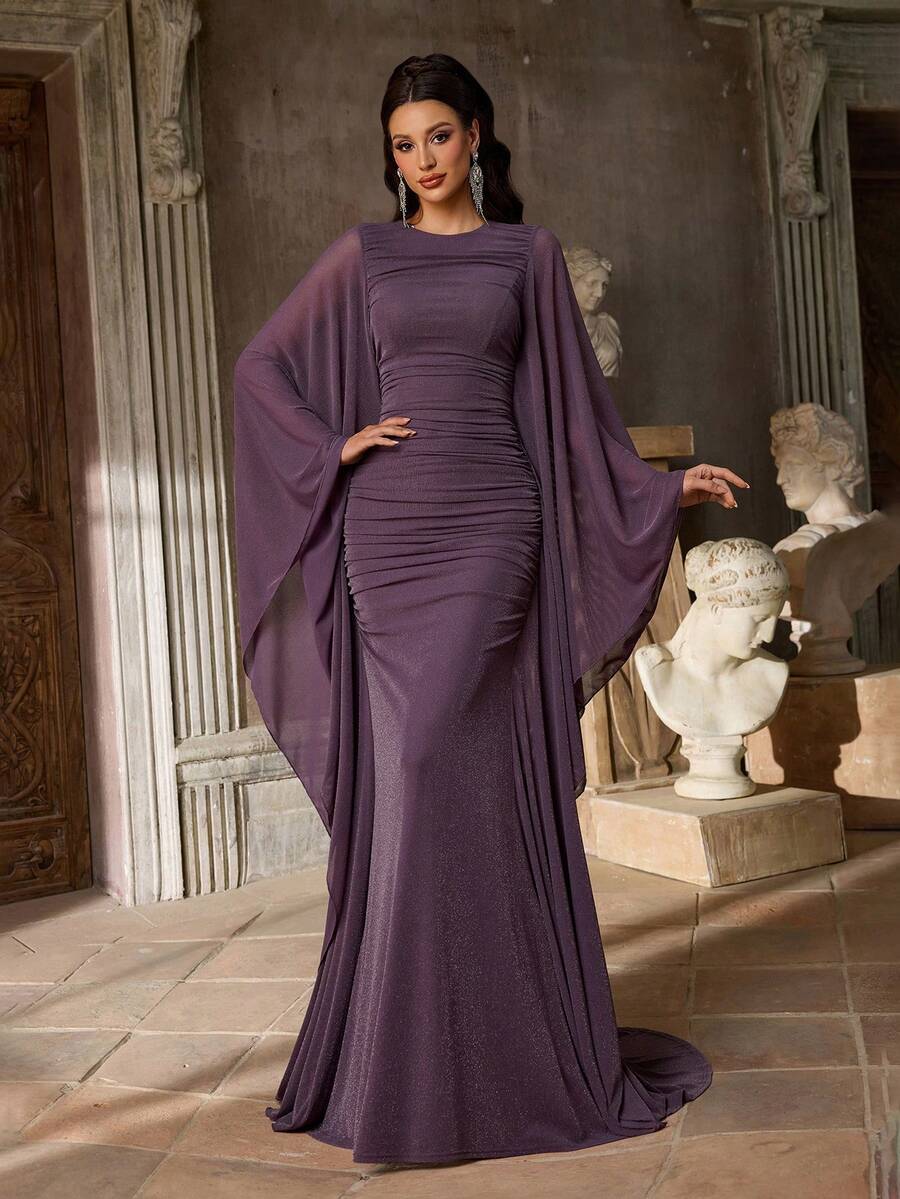SDE3254 Knitted Satin Cape Sleeve Bodycon Mermaid Dress