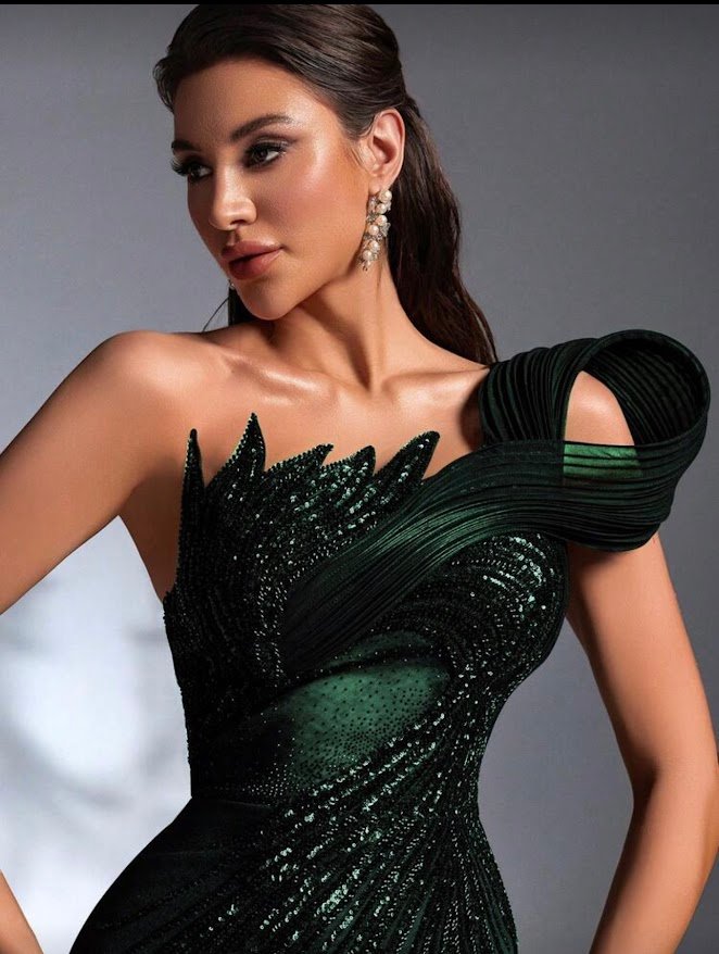 SD 3168 One-Shoulder Sequin Mermaid Evening Gown – Thigh-High Slit image 0