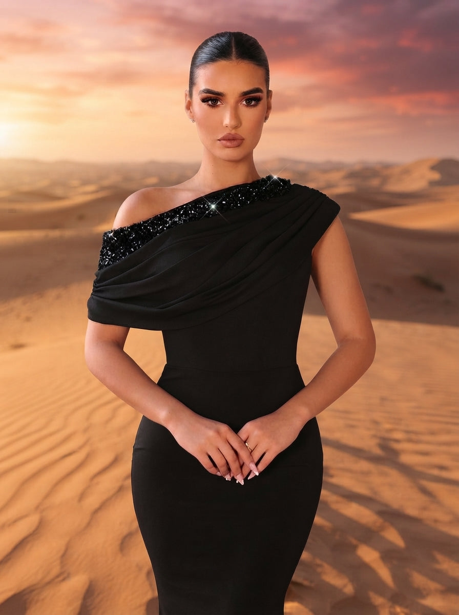 SDE3263 Black Sequined Embroidery One-Shoulder Fishtail Gown