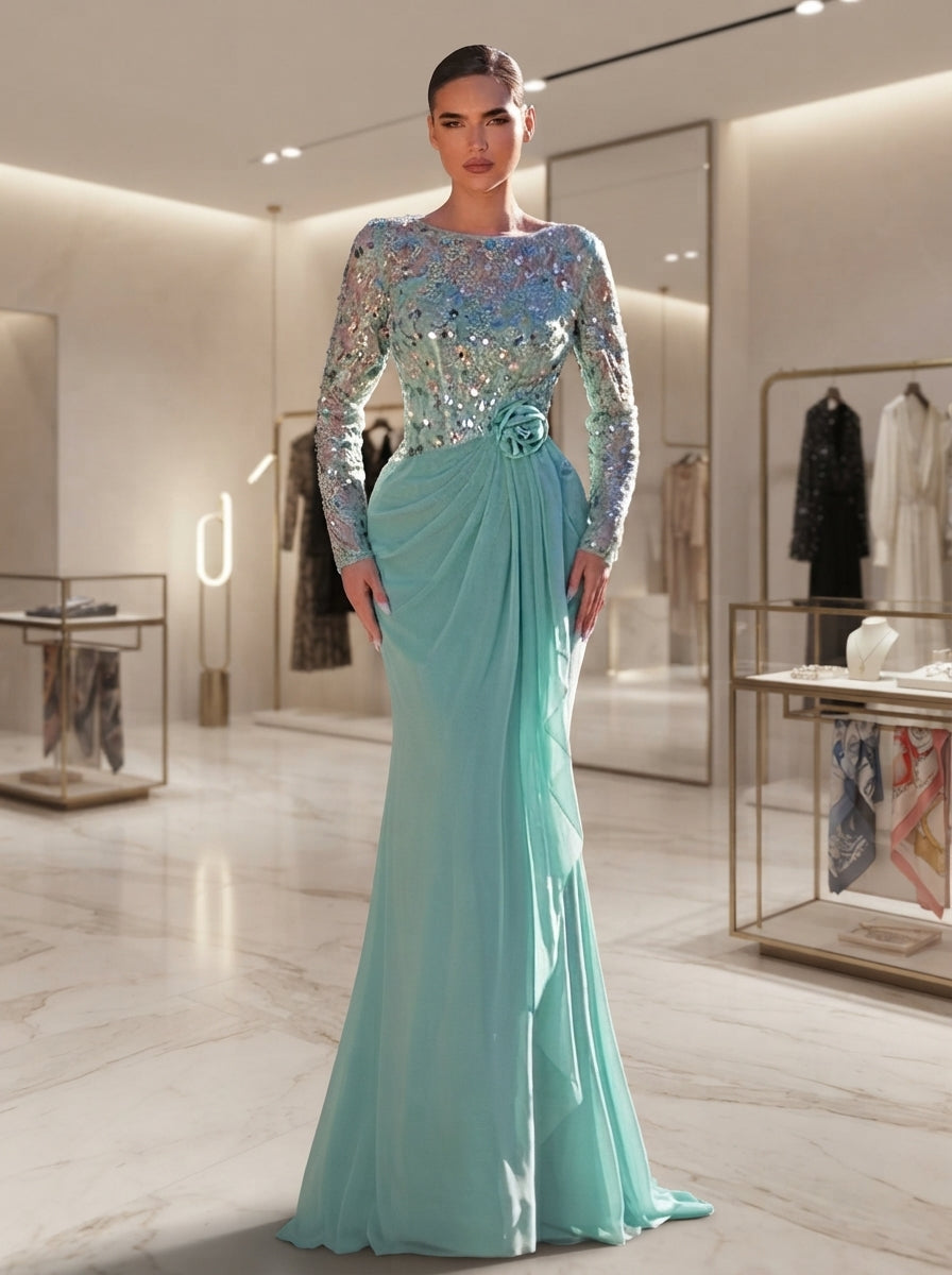 SDE3288 Vanilla Green 3D Floral Sequin Asymmetric Chiffon Gown