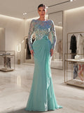 SDE3288 Vanilla Green 3D Floral Sequin Asymmetric Chiffon Gown