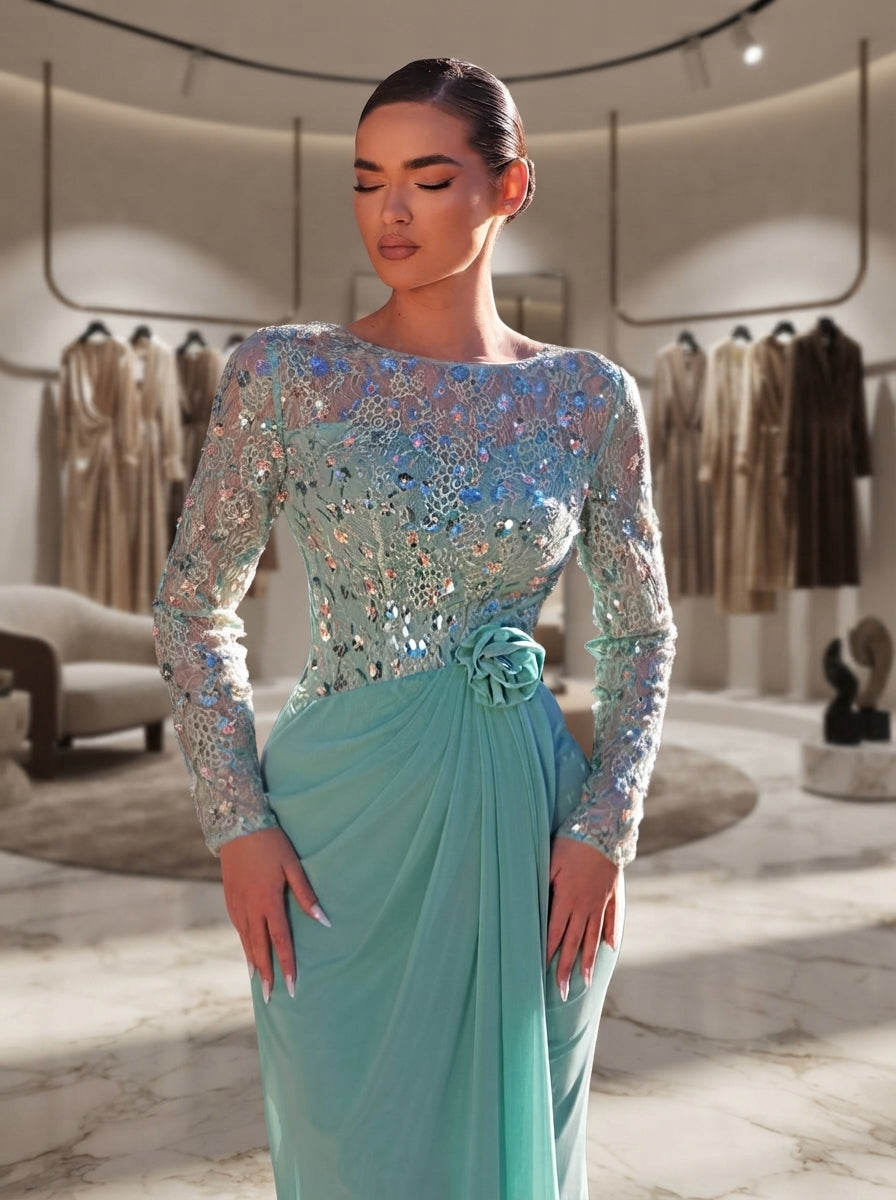 SDE3288 Vanilla Green 3D Floral Sequin Asymmetric Chiffon Gown
