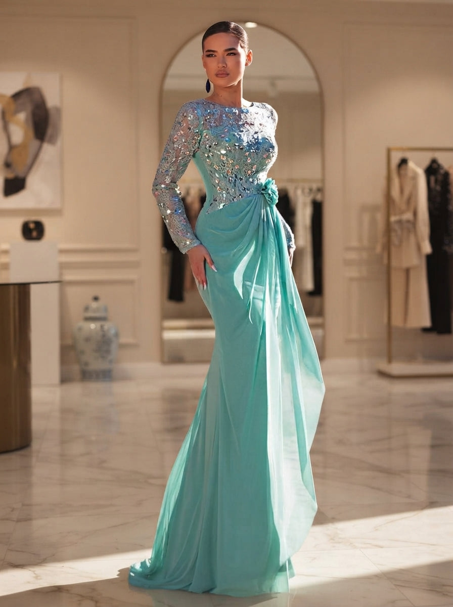 SDE3288 Vanilla Green 3D Floral Sequin Asymmetric Chiffon Gown