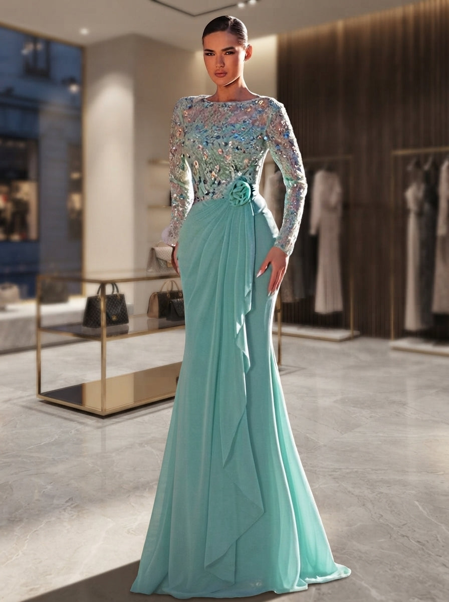 SDE3288 Vanilla Green 3D Floral Sequin Asymmetric Chiffon Gown