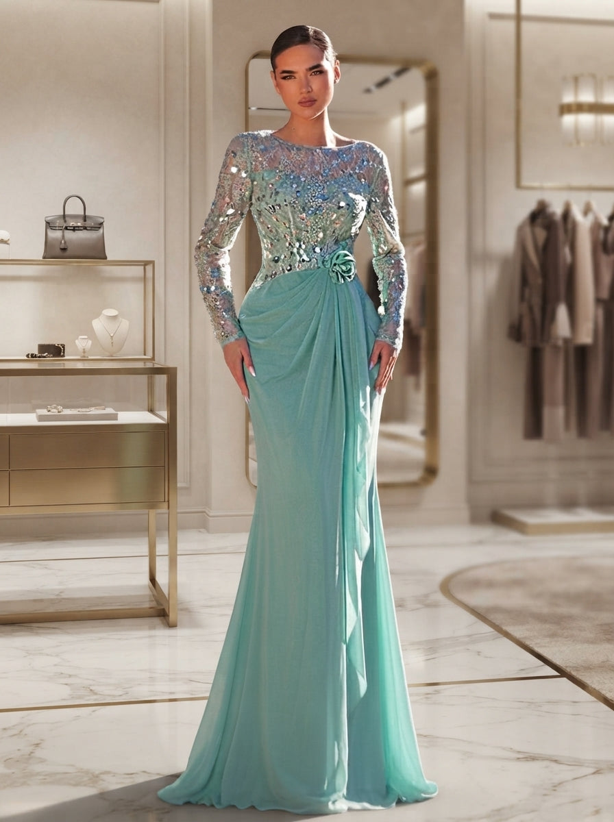 SDE3288 Vanilla Green 3D Floral Sequin Asymmetric Chiffon Gown