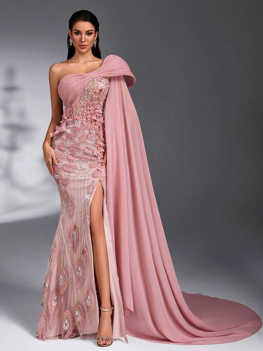 SD3272 Lotus Pink 3D Floral Cape Sleeve Gown