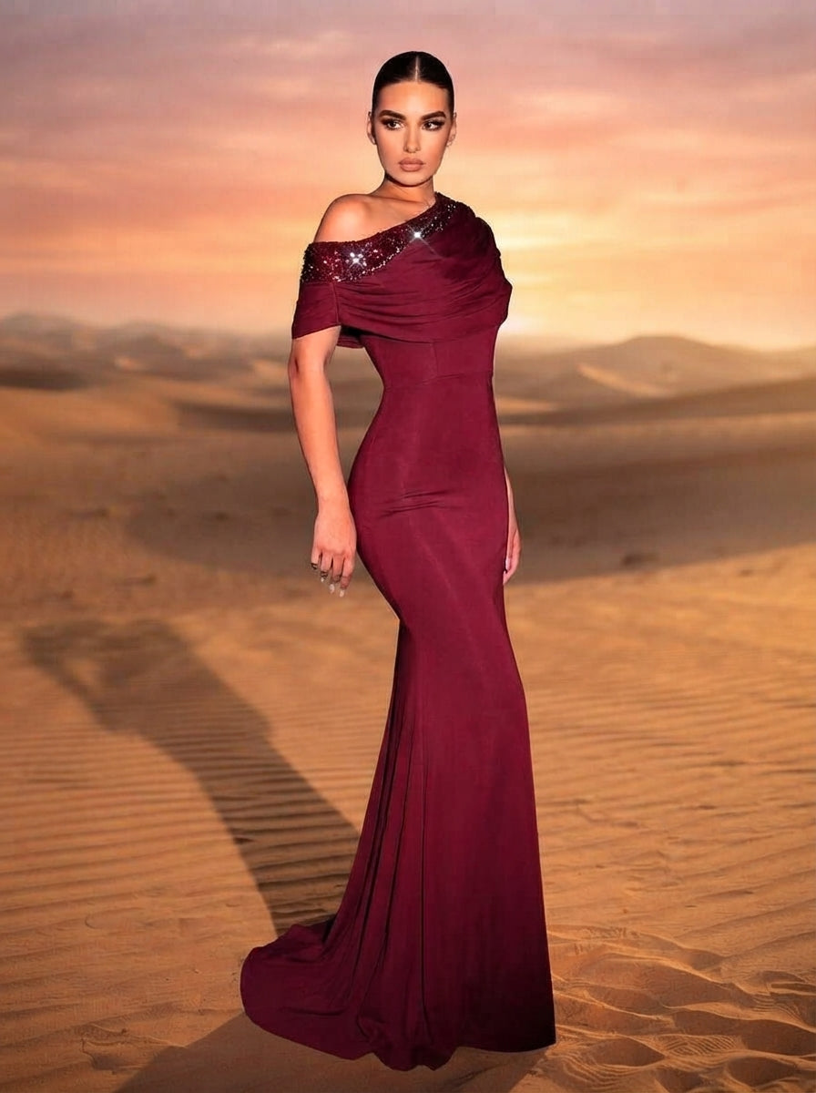 SDE3263 Black Sequined Embroidery One-Shoulder Fishtail Gown