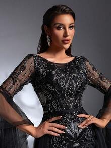 SD3196 Black Beaded Flare-Sleeve Trailing Gown image 7