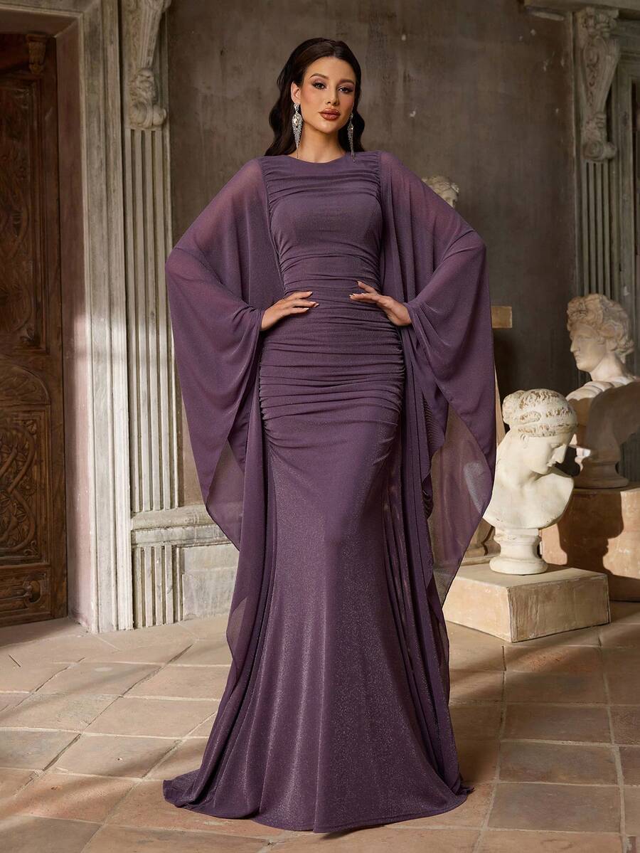 SDE3254 Knitted Satin Cape Sleeve Bodycon Mermaid Dress