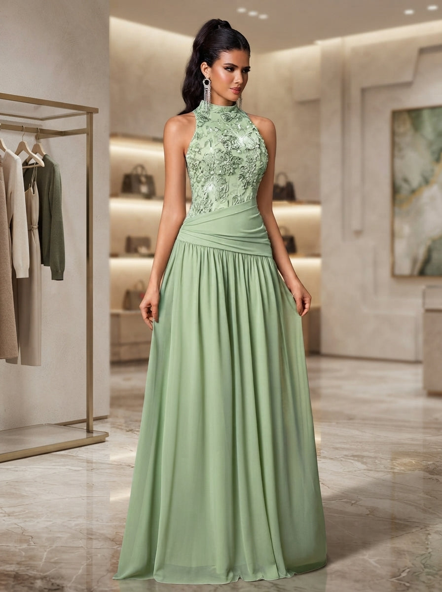 SDE3284 Luxury 3D Floral Sequin Asymmetric Pleated Gown