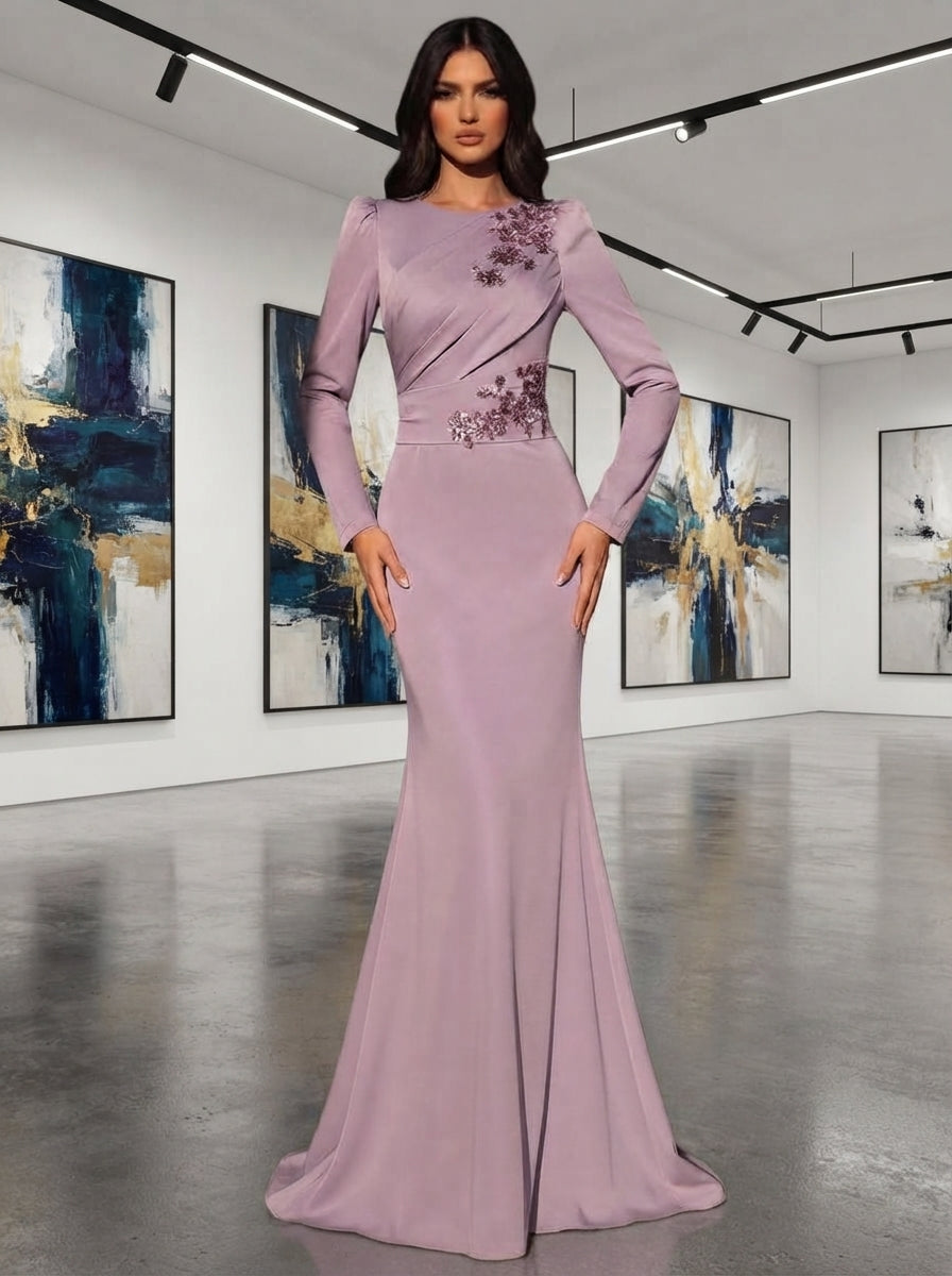 SDE3261 Gray-Purple Satin Lace Applique Mermaid Gown