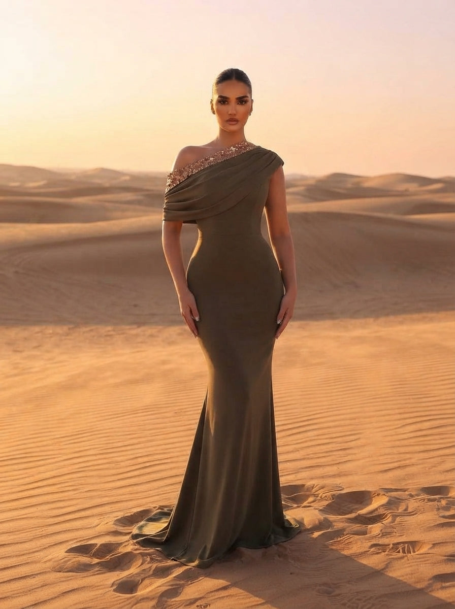 SDE3263 Black Sequined Embroidery One-Shoulder Fishtail Gown