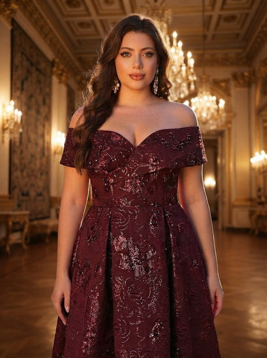 SDE3256 Plus Size Burgundy Jacquard Off-Shoulder Ball Gown