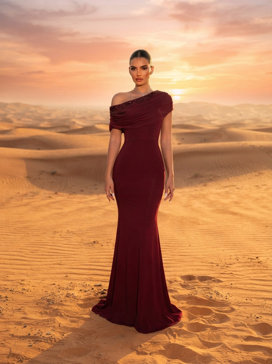 SDE3263 Black Sequined Embroidery One-Shoulder Fishtail Gown