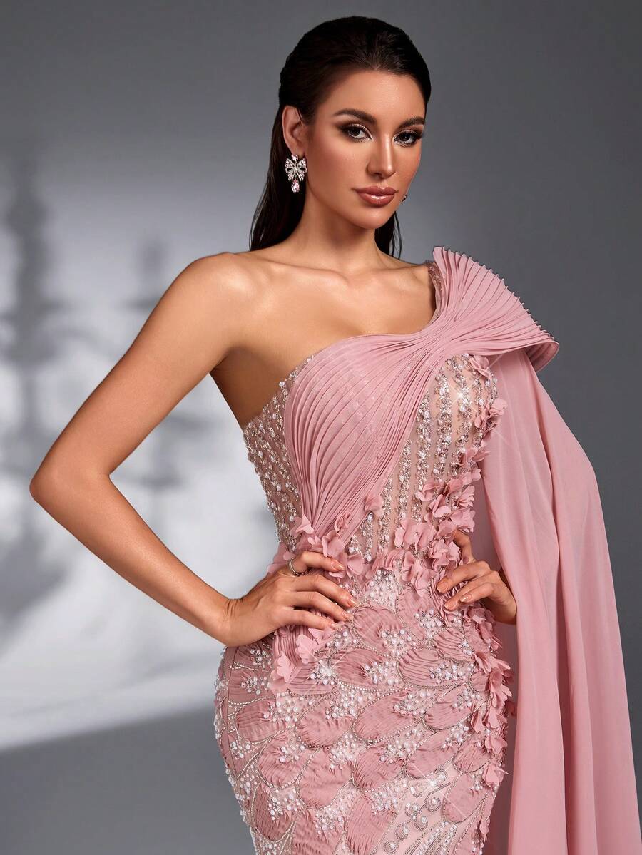 SD3272 Lotus Pink 3D Floral Cape Sleeve Gown