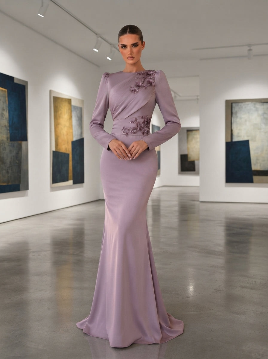 SDE3261 Gray-Purple Satin Lace Applique Mermaid Gown