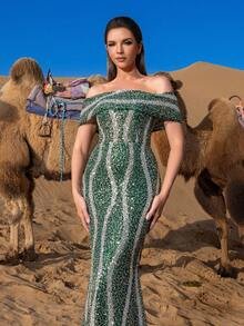 SD3226 Off-Shoulder Beaded Mermaid Gown - UK18(XXL), Dark Green image