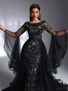 SD3196 Black Beaded Flare-Sleeve Trailing Gown image 1
