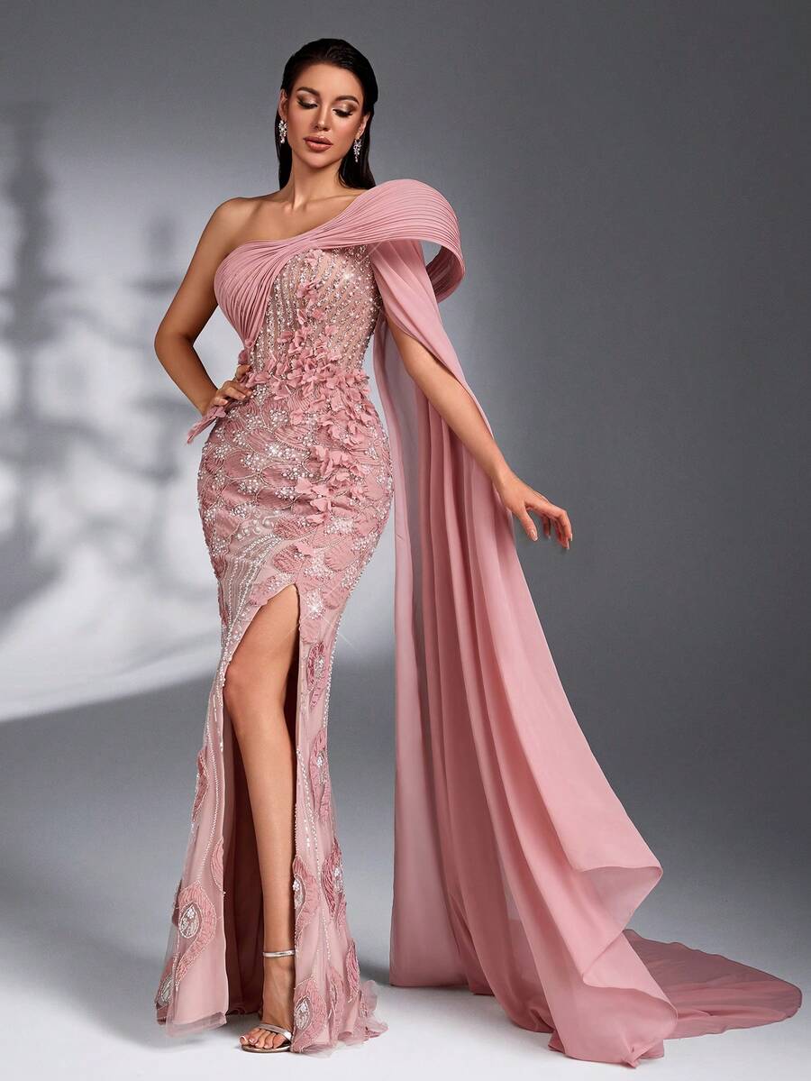 SD3272 Lotus Pink 3D Floral Cape Sleeve Gown
